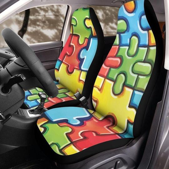 Discover Colorful Puzzle Piece Seat Covers for Jeep Bronco, Bright Jigsaw Pattern Front Seat Protectors