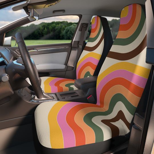 Discover Retro Wave Car Seat Covers - Boho Modern & 70s Hippie Rainbow Design for Vehicles