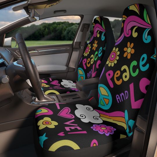 Discover Retro Hippie Car Seat Covers Set of 2 with Colorful Peace & Love Design
