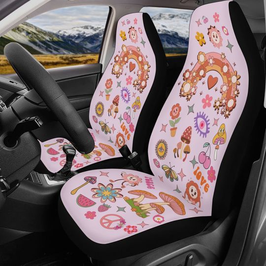 Discover Rainbow Car Seat Cover with Peace & Love Design, Steering Wheel Cover, Boho Baby Pink Car Accessories