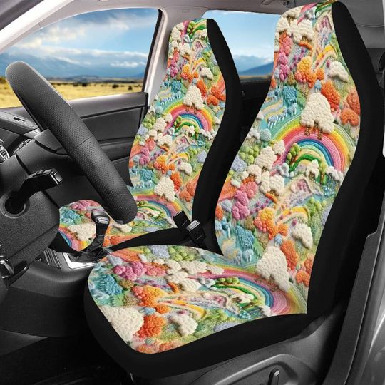 Discover Rainbow Garden Faux Embroidery Car Seat Covers, Knitted Nature Car Accessories for Women, Cute Car Decor