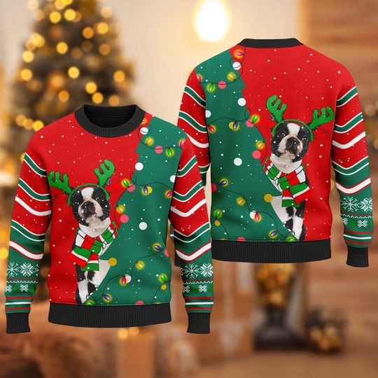 Boston Terrier Christmas Ugly Sweater, Boston Terrier Xmas Sweatshirt, Cozy Christmas Ugly Sweater, Christmas Gift For Men Women Kid