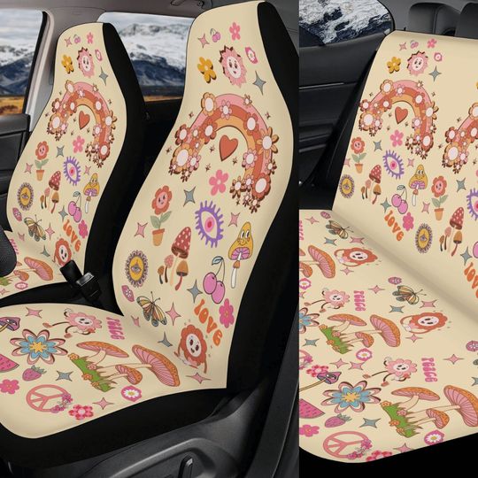 Discover Rainbow Car Seat Cover & Steering Wheel Cover Retro Boho Beige Car Accessories for Women