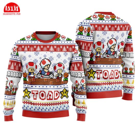 Toad Mario Bros Ugly Christmas Sweater, Mario Gaming Christmas Sweatshirt, Video Game Holiday Sweater, Christmas Party Gift, Mario Christmas