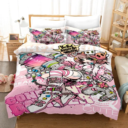 Discover 3D Graffiti Girl Dark Cartoon Pink Quilt Cover Set with Pillowcases – Bedding Set