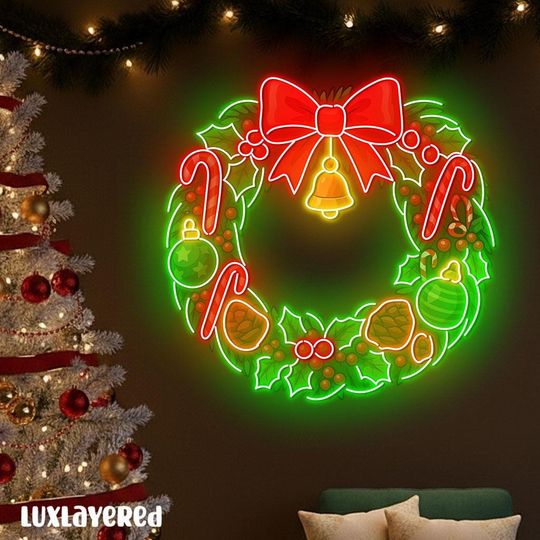 Christmas Wreath Neon Sign: Holiday LED Wall Sign, Festive Door Decor, Merry Christmas Gift