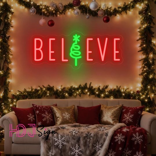 Discover Believe Christmas Tree Neon Sign, Merry Christmas LED Neon Light,Holiday Home Wall Decor,Bar Shop Store Party Decor,Christmas Gifts