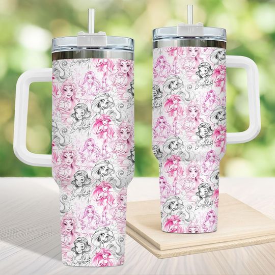 Discover Disney Princess Tumbler, Pink Sketch Princess Cup, 40oz Tumbler, Fairytale Gift, Custom Princess Mug, Cup Gift For Mom