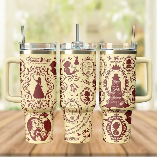 Discover Snow White Fairytale Silhouette Tumbler, Vintage Cream Design, 40oz Princess Handle Mug for Her