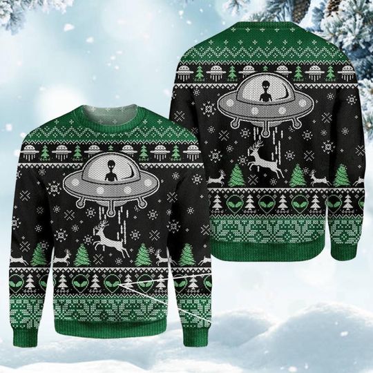 Discover Alien UFO Christmas Sweater, Funny Abduction Holiday Jumper, Green and Black Space Knit Sweater, Sci-Fi Reindeer Pattern Winter Gift for Him