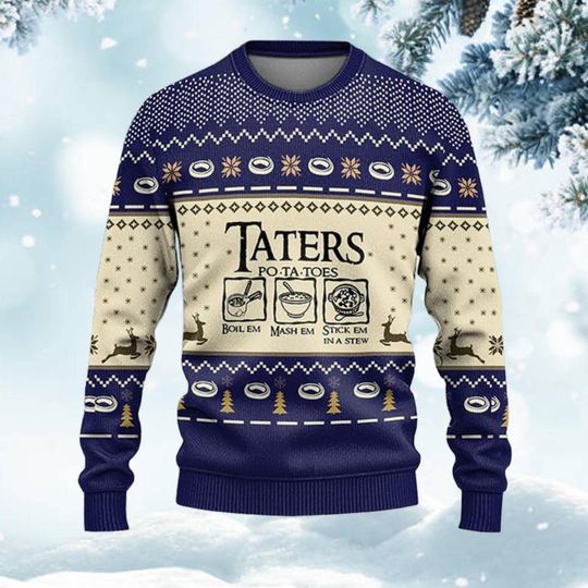 Funny Taters Christmas Ugly Sweater, Potato Recipe Holiday Jumper, Beige and Blue Knit Pullover, Boil Mash Stew Ugly Xmas Gift for Him