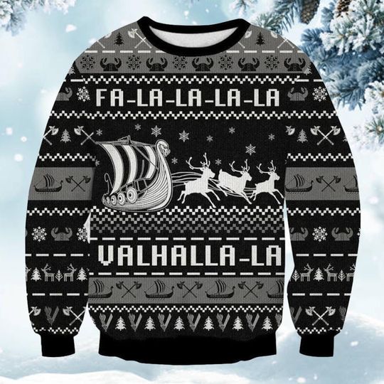 Viking Valhalla Christmas Ugly Sweater, Funny Nordic Holiday Jumper, Longship Pattern Knit Pullover, Warrior Ugly Xmas Gift for Him