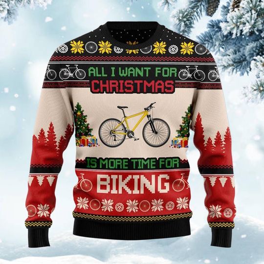 Discover Cycling Christmas Sweater, All I Want for Christmas Is More Time for Biking Jumper, Funny Bike Lover Holiday Knit Pullover Gift for Him