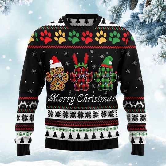 Discover Dog Paw Christmas Sweater, Merry Christmas Pet Lover Jumper, Cute Paw Print Holiday Knit Pullover, Festive Animal Lover Gift for Her