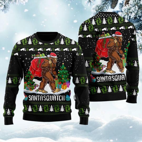 Discover Santasquatch Christmas Sweater, Funny Bigfoot Holiday Jumper, Sasquatch Carrying Gifts Knit Pullover, Ugly Xmas Party Outfit Gift for Him