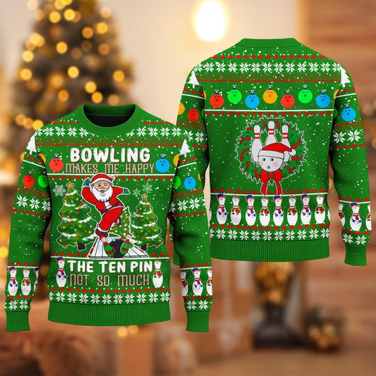 Santa Bowling Go Strike Ugly Christmas Sweater, Funny Santa Claus Xmas Sweatshirt, Funny Santa Claus Christmas Gift For Men Women