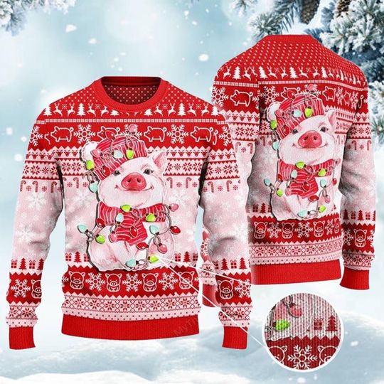 Cute Pig Christmas Ugly Sweater, Holiday Jumper with Lights, Adorable Piglet Pattern Knit Pullover, Funny Festive Ugly Xmas Gift for Her