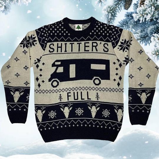 Funny RV Christmas Sweater, Shitters Full Holiday Jumper, Beige and Black Camper Knit Pullover, Hilarious Ugly Xmas Sweater Gift for Him