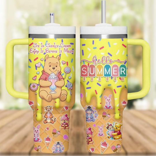 Discover Winnie the Pooh Summer Ice Cream Tumbler, 40oz Handle Cup, Hello Summer Gift, Cute Disney Bear Mug, Sprinkles Cup