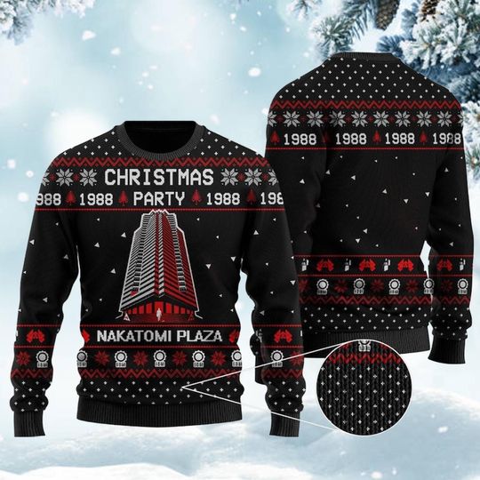 Discover Retro Skyscraper Christmas Sweater, 1988 Holiday Party Ugly Sweater, Red and Black Building Design Winter Jumper, Funny Office Party Gift