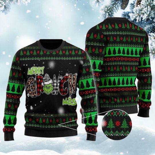 Funny Green Face Christmas Ugly Sweater, Merry Christmas Plaid Letter Ugly Sweater, Festive Tree Pattern Winter Jumper, Holiday Party Gift for Him