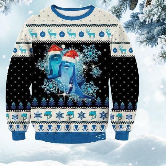 Discover Blue Dolphin Christmas Sweater, Cute Ocean Holiday Jumper, Santa Hat Snowflake Pattern Knit Sweater, Funny Winter Gift for Animal Lovers