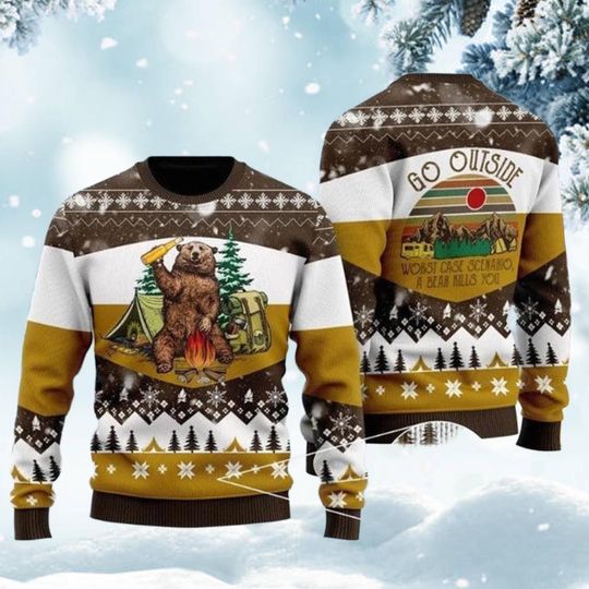 Discover Funny Bear Camping Sweater, Go Outside Quote Christmas Sweatshirt, Wilderness Adventure Ugly Sweater, Hiking Campfire Outfit Gift for Him