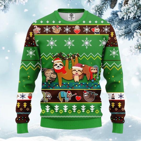 Cute Sloth Christmas Ugly Sweater, Funny Animal Ugly Xmas Jumper, Green Holiday Sweater for Men and Women