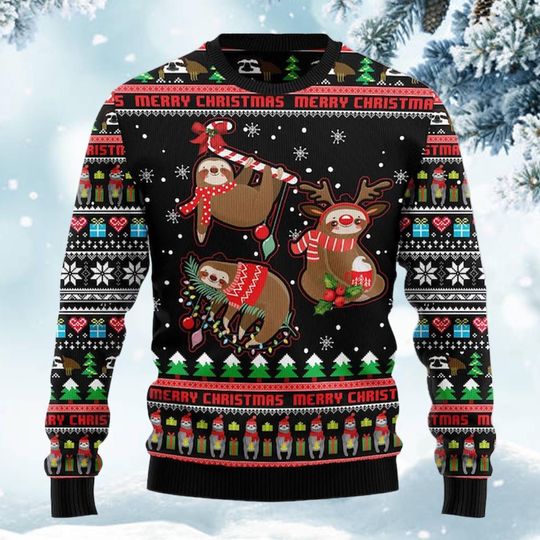 Cute Sloth Christmas Ugly Sweater, Funny Merry Christmas Reindeer and Gifts Ugly Holiday Sweatshirt, Festive Winter Party Outfit