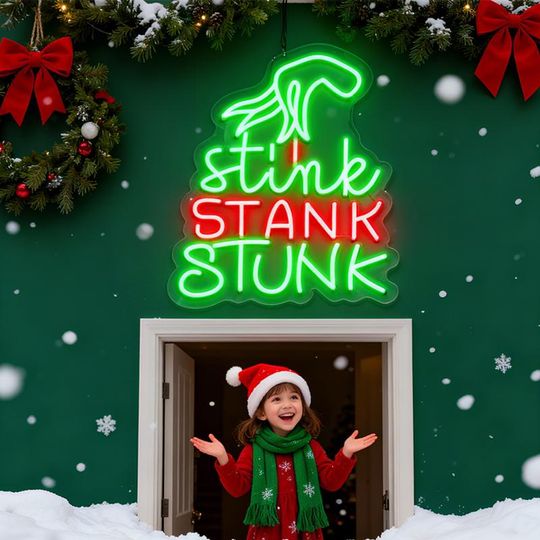 Discover Stink Stank Neon Sign,Merry Christmas Neon Sign,Xmas LED Sign,funny character Hand Wall Decor,Christmas Light Room Decor