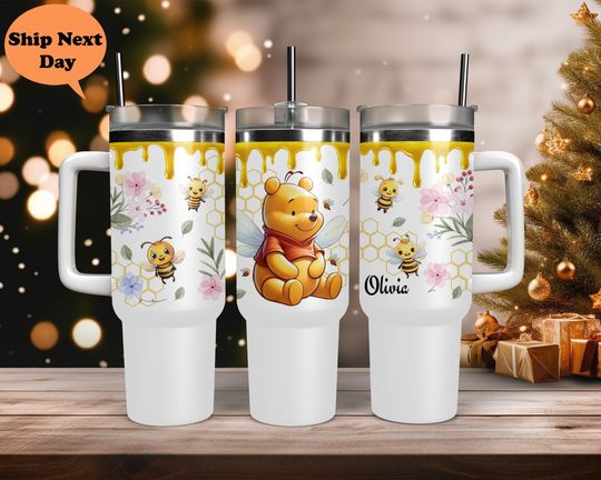 Discover Custom Disney Winnie the Pooh Tumbler, Custom Name Handle Lid Straw Stainless 40oz Tumbler, Honey bee Tumbler, Funny Winnie The Pooh Gift