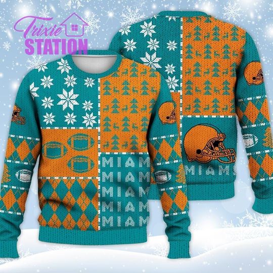 Discover Miami Ugly Sweater Christmas, Retro Football American Sweatshirt Pattern 3D Hoodie, Shirt Xmas Full Print