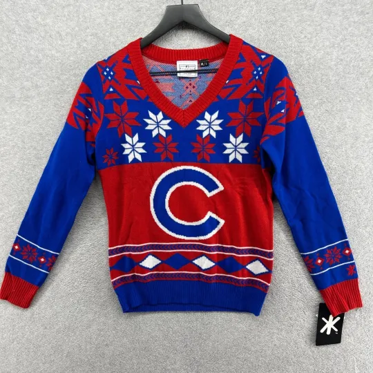 Chicago Cubs Sweater Women's Size Small Blue Red Ugly Christmas Knit NWT KLEW