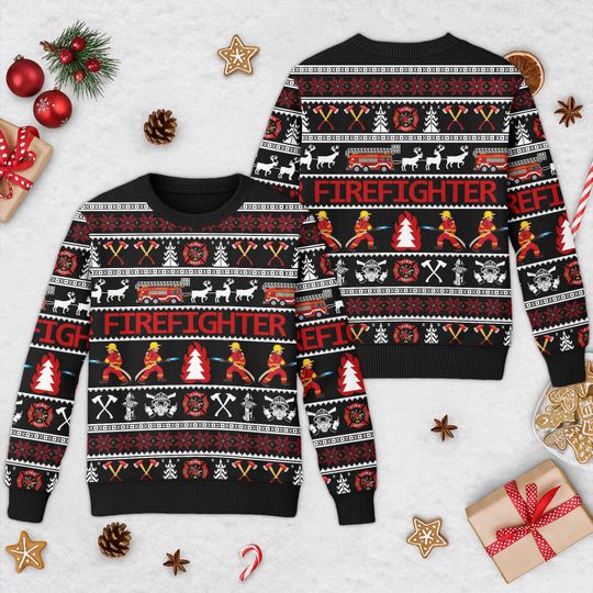 Firefighter 3D Ugly Christmas Sweater, All Over Print Unisex Ugly Christmas Sweatshirt, Fire Truck Xmas Shirt, Merry Christmas Gift