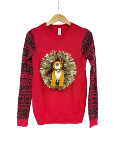 Discover No Boundaries Ugly Christmas Sweater Reindeer Tinsel Wreath Womens Juniors S