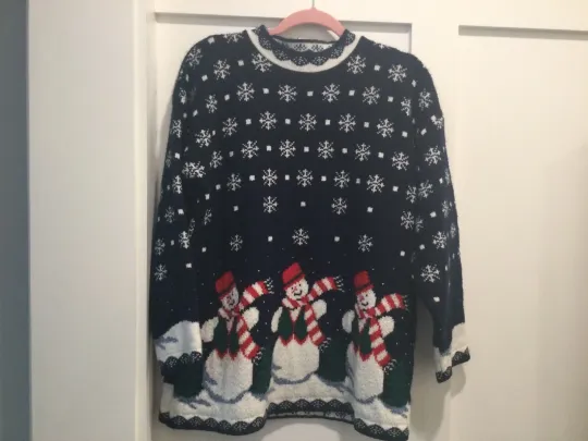 Vintage Nutcracker Snowman Ugly Christmas Sweater Snowflakes Blue Unisex Medium