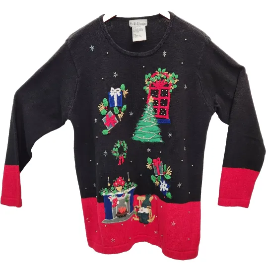 Vtg Ugly Christmas Sweater Cat on Chair Fireplace Presents Black & Red Knit Med