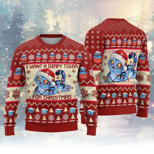 Discover Christmas Blue Tiger Ugly Sweater, Demon Tiger Xmas Sweater, I Want a Depry Tiger For Christmas, Christmas Sweater, Derpi Sweater, Xmas