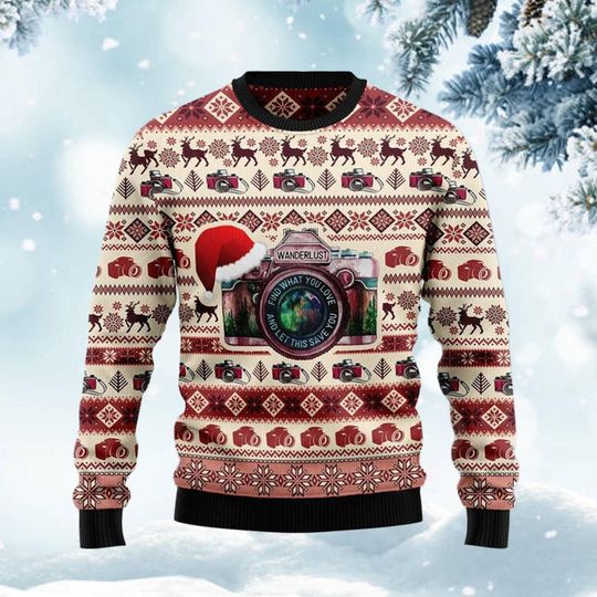 Discover Wanderlust Camera Christmas Sweater, Photographer Ugly Holiday Sweatshirt, Vintage Reindeer and Camera Pattern Festive Winter Gift