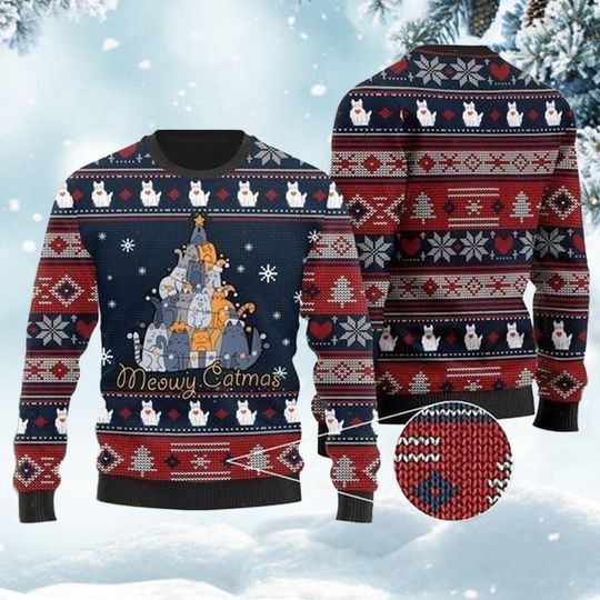 Discover Meowy Catmas Ugly Christmas Sweater, Funny Cat Lover Holiday Sweatshirt, Cute Kitty Tree Pattern Festive Winter Gift for Pet Owners