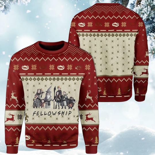 Fellowship Christmas Ugly Sweater, Funny Holiday Knit Cozy Red Beige Winter Pullover Geeky Xmas Party Gift