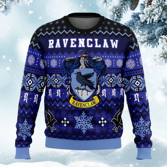 Discover Blue Raven Emblem Ugly Christmas Sweater, Winter Crest Holiday Sweatshirt with Snowflake Pattern, Fantasy Themed Festive Gift
