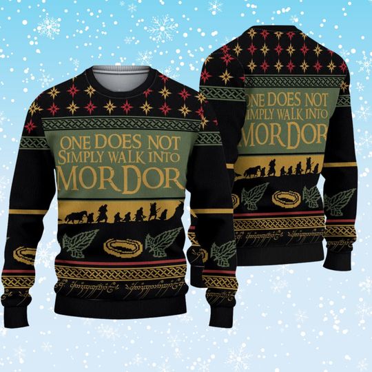 Discover One Does Not Simply Walk Into Mordor Ugly Christmas Sweater, Fellowship Silhouette Unisex Knit, Geeky Holiday Party Pullover, Nerdy Fan Gift