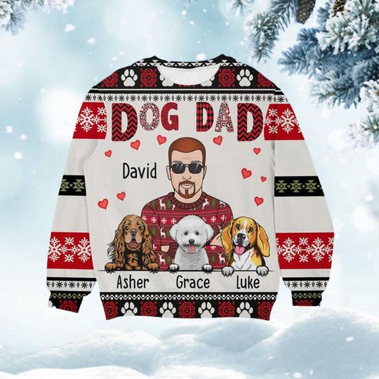 Discover Custom Dog Dad Christmas Sweater Personalized Pet Lover Gift Holiday Knit with Dog Names Cute Winter Pullover