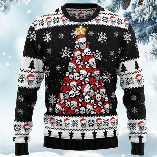Goth Skull Christmas Tree Ugly Sweater, Holiday Pullover Punk Rock Ugly Xmas Party Gift