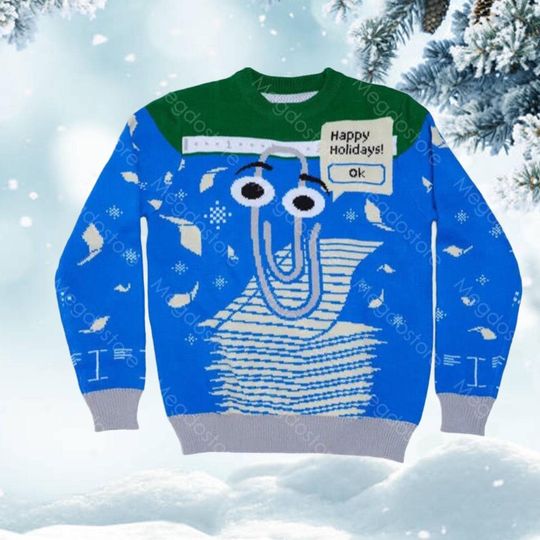 Discover Funny Paperclip Happy Holidays Sweater Blue Green Holiday Pullover Retro Office Theme Knit Ugly Xmas Party Gift
