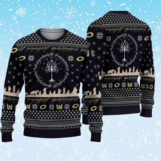 Discover Gondor White Tree Ugly Christmas Sweater, LOTR Inspired Knit Jumper, Fellowship Silhouette Holiday Pullover, Unisex Geeky Winter Gift