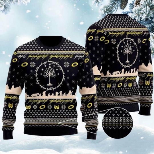 Discover Elvish Ring Symbol Christmas Sweater Fantasy Tree Pattern Holiday Pullover Black Gold Knit Ugly Xmas Gift for Him Her