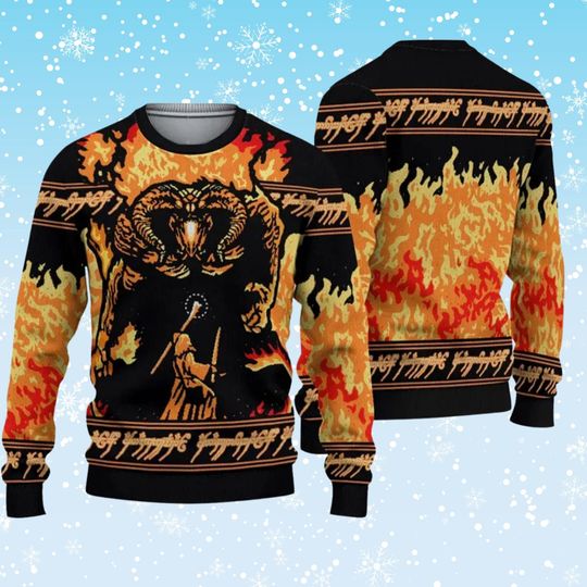 Discover Fantasy Wizard vs Fire Demon Ugly Christmas Sweater | Fiery Knit Unisex Holiday Jumper | Epic Geeky Winter Crewneck Gift for RPG Fans