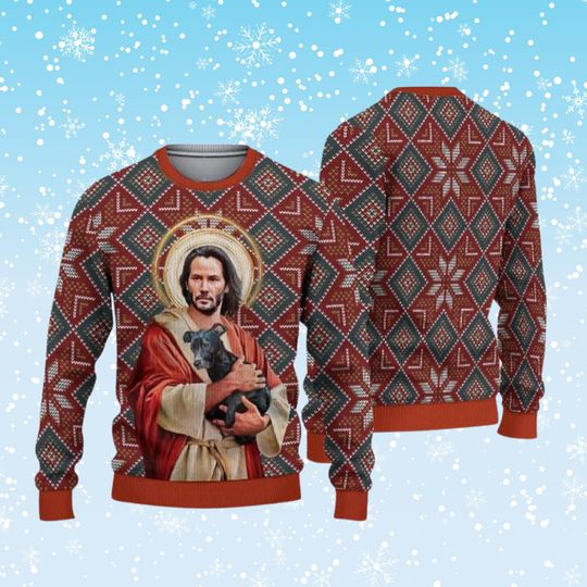 Discover Holy Saint Dog Lover Ugly Christmas Sweater, Meme Halo Icon Knit Pullover in Rustic Red, Geometric Fair Isle Pattern